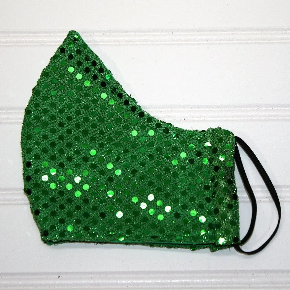 HAND CRAFTED Face Mask Green Confetti Dot Sequin - Adult - Shield Style